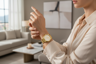 Modelo com relógio dourado